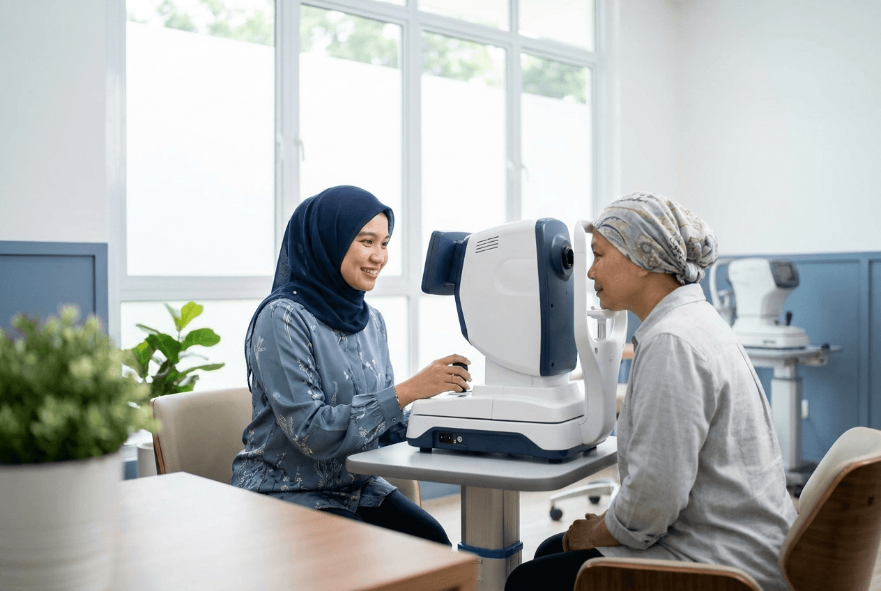 A non-invasive retinal scan being performed on a patient in a clinic