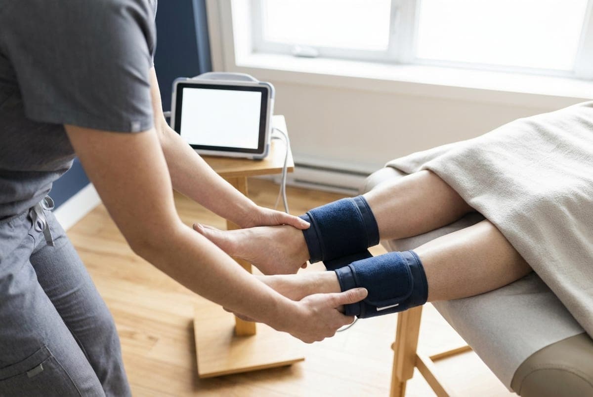A non-invasive vascular screening test on a patient's legs with inflatable cuffs