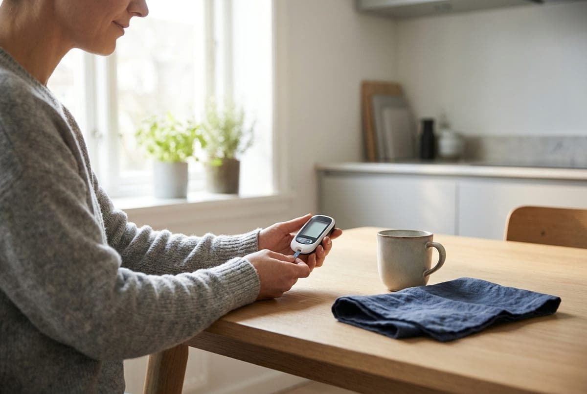 A person checking their blood sugar at home with a handheld glucose meter
