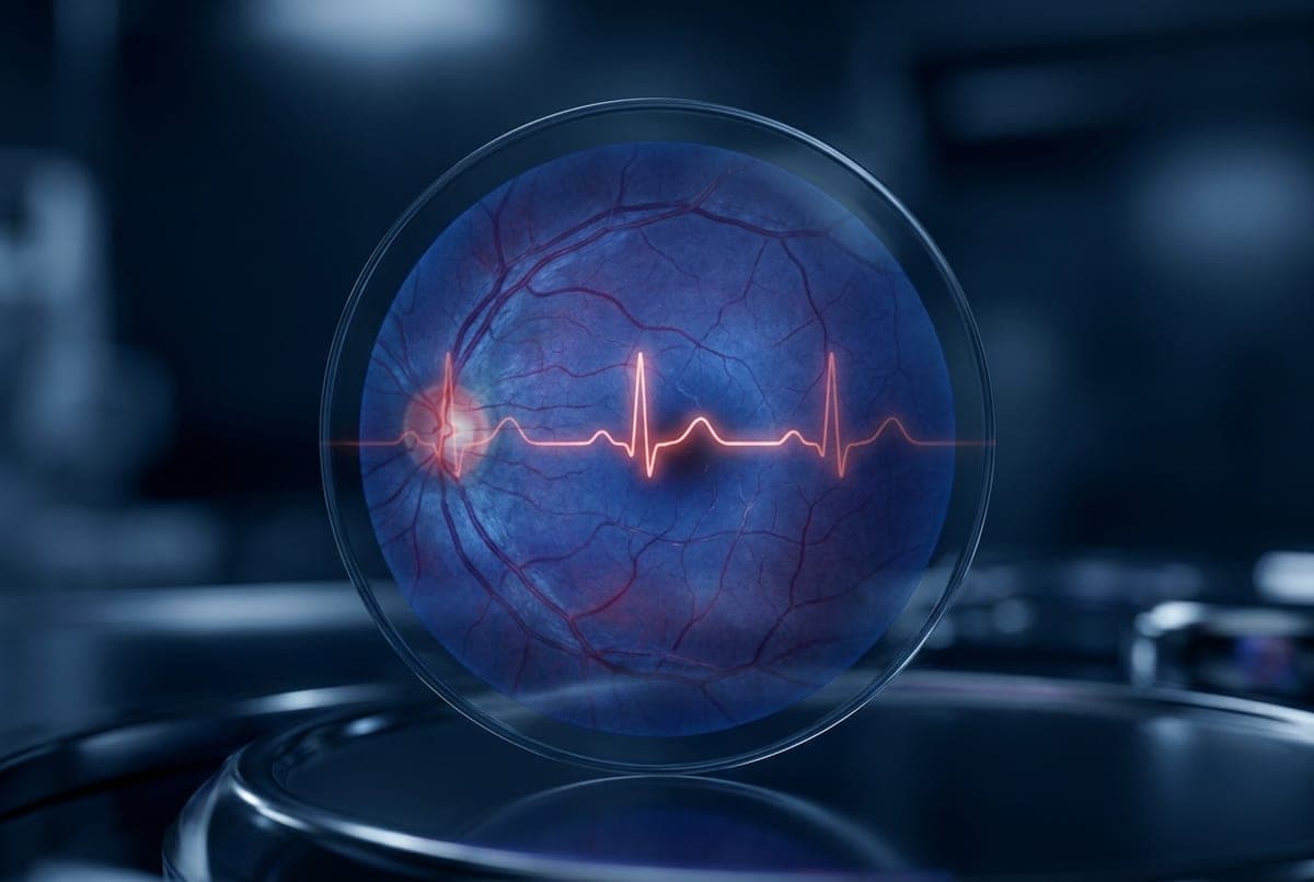 A retinal scan with a glowing heartbeat line, linking eye health to heart health