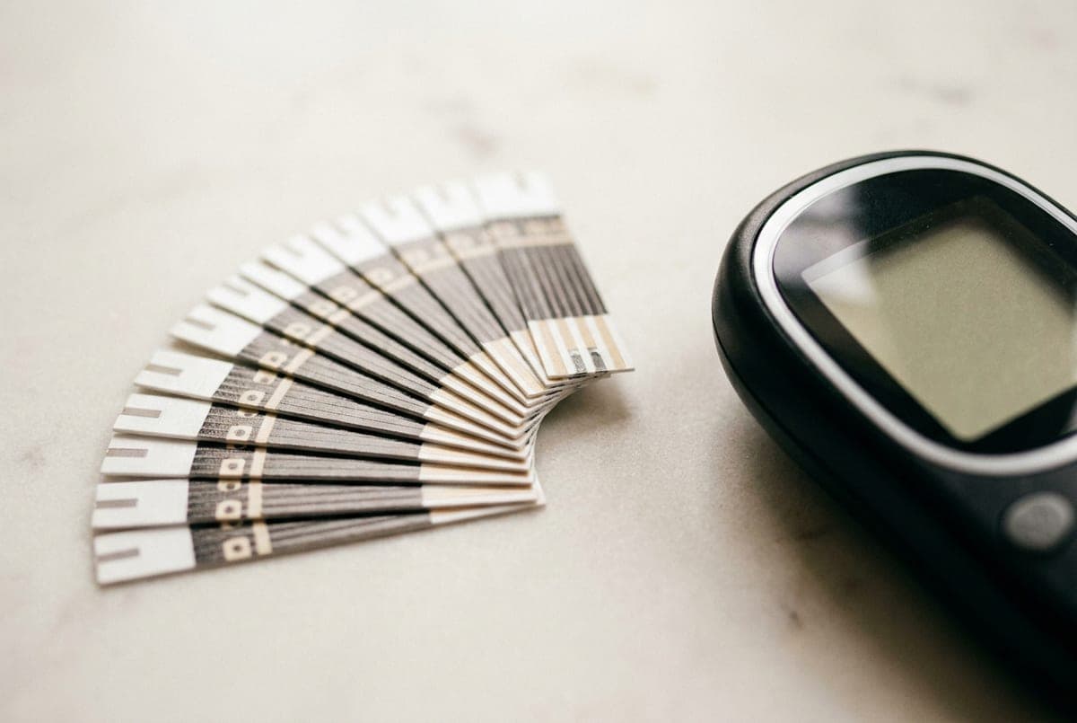 Glucose test strips and a meter on a clean surface
