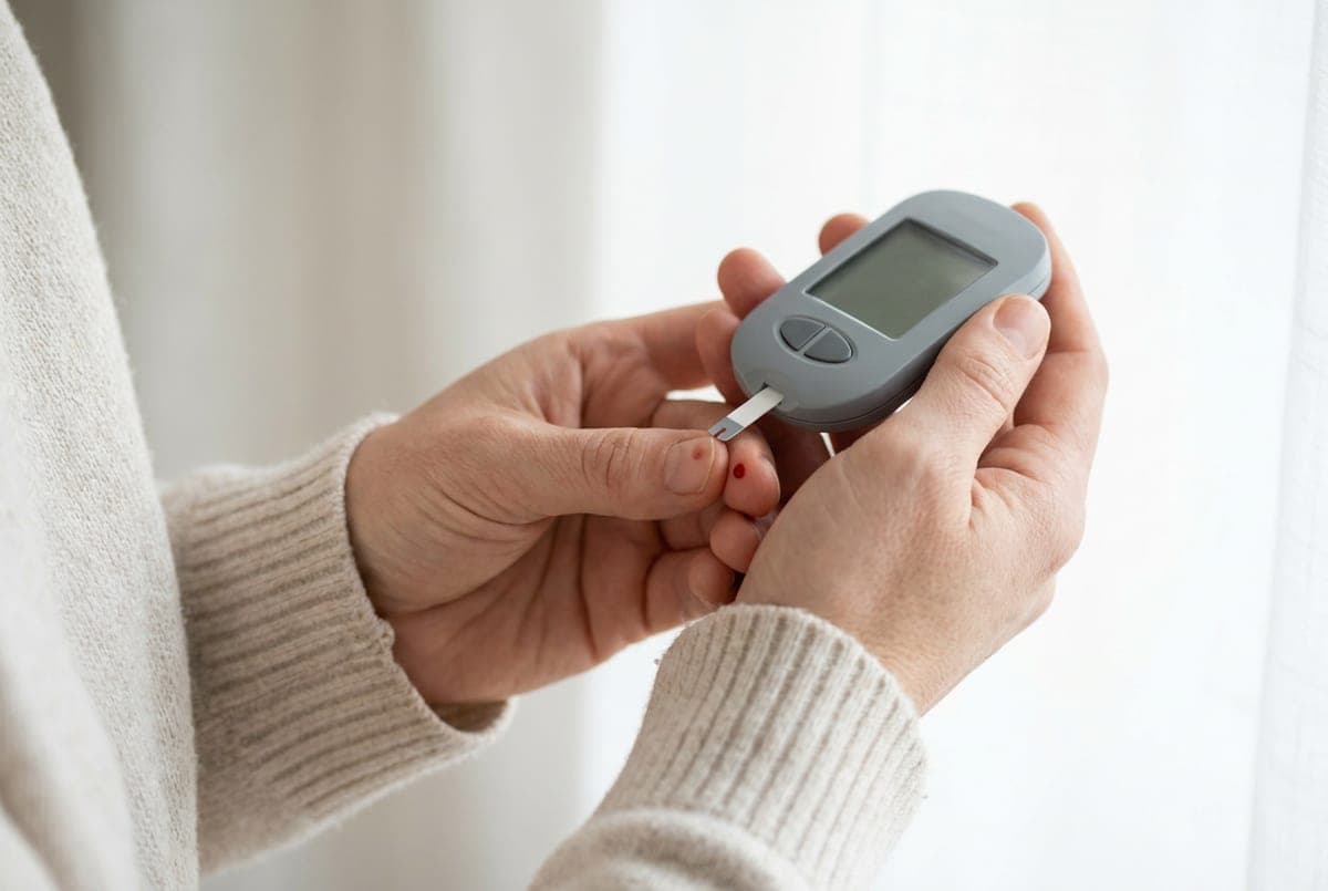 Close-up of hands using a glucose meter with a test strip
