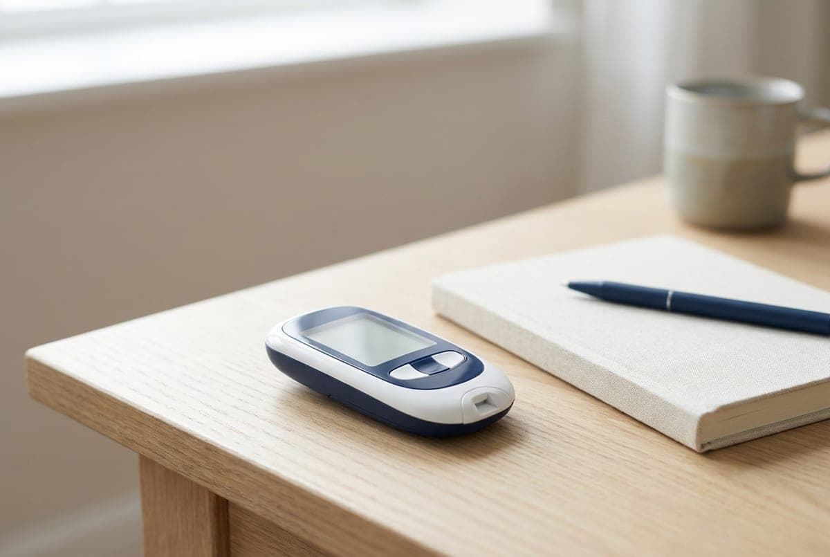 A blood glucose meter and a notebook on a desk for tracking readings