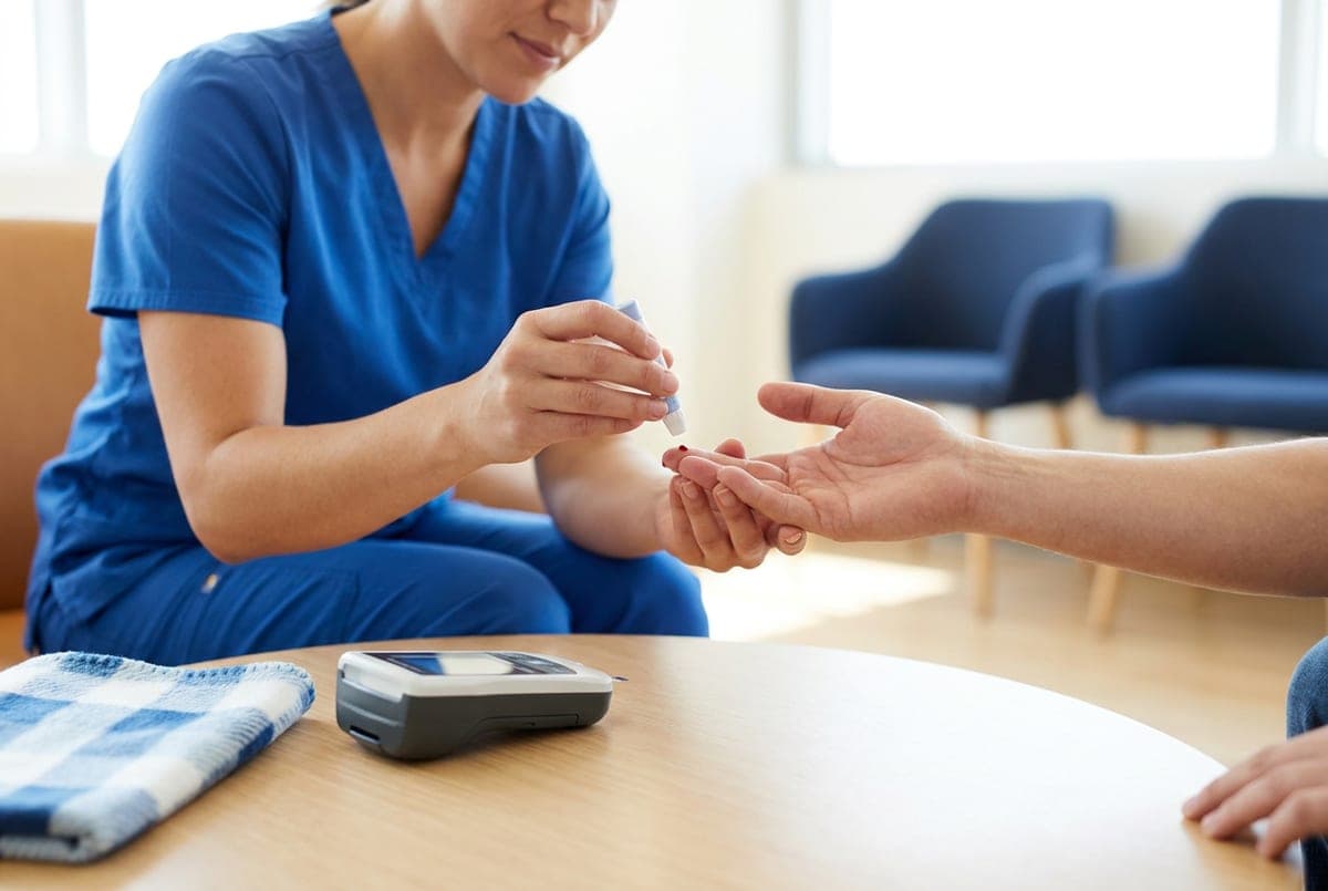 A finger-prick blood sample being taken for a point-of-care cholesterol test