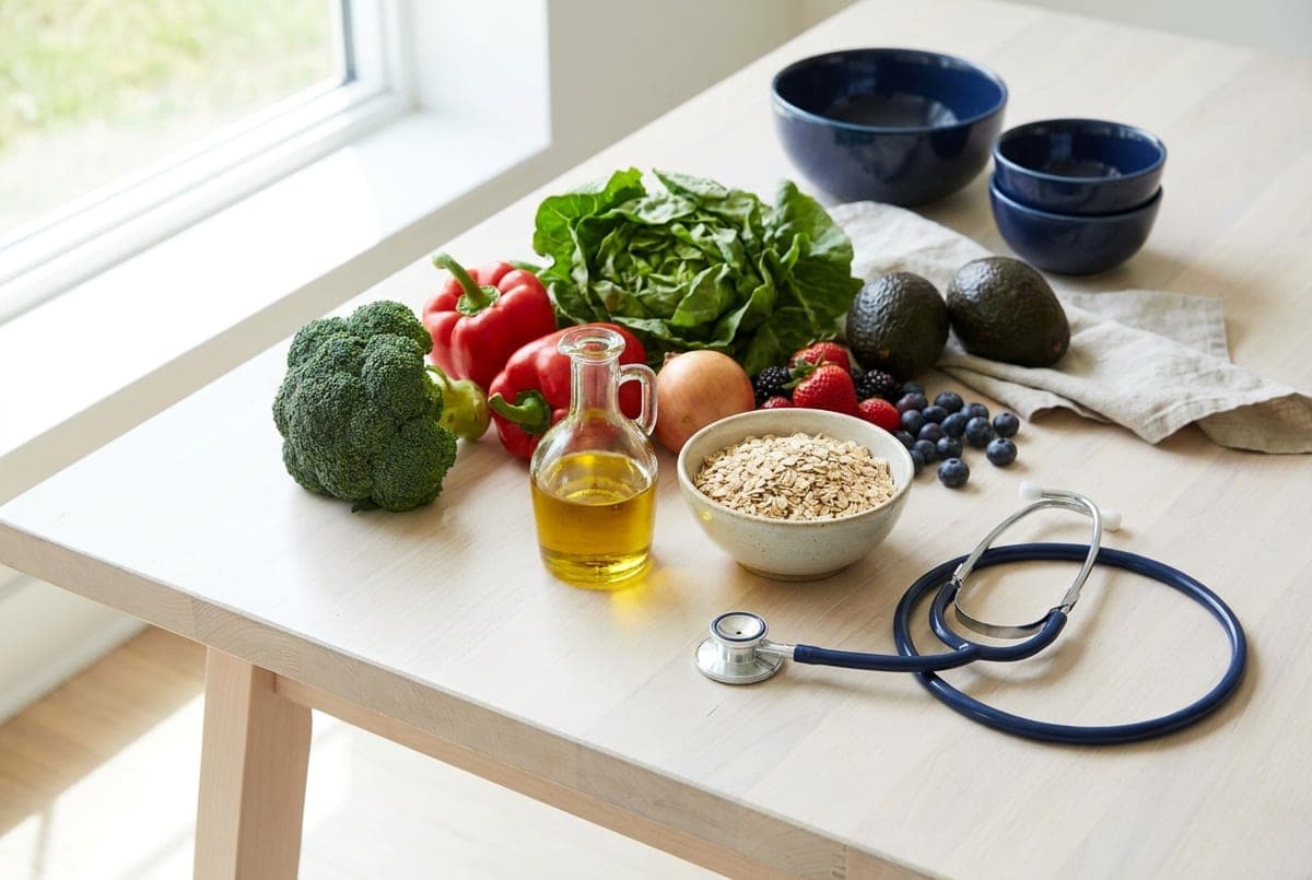 Heart-healthy foods and a stethoscope on a table
