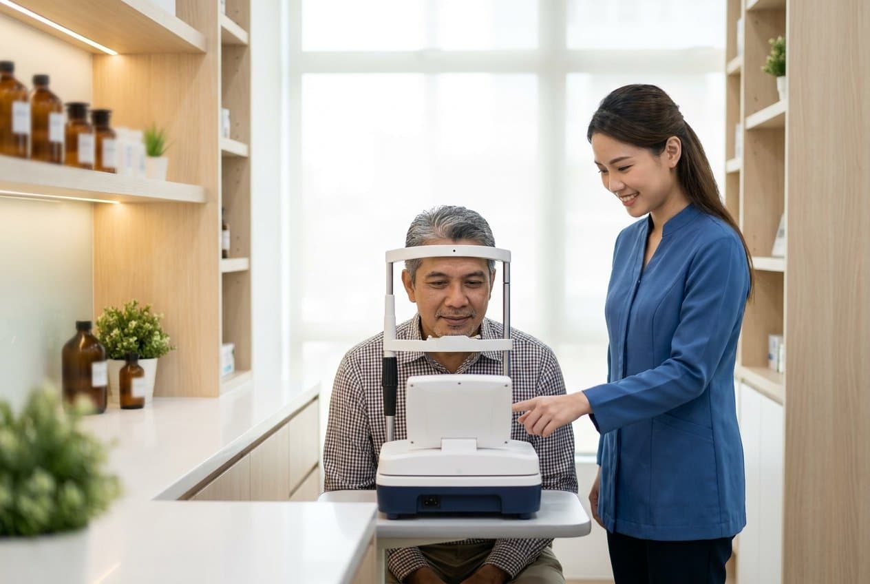 A person having a quick, non-invasive AI retinal scan at a pharmacy health-screening corner