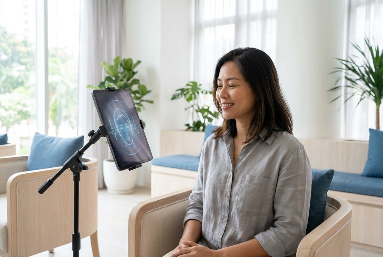 A calm person having a quick contactless Neuro AI wellness scan on a tablet
