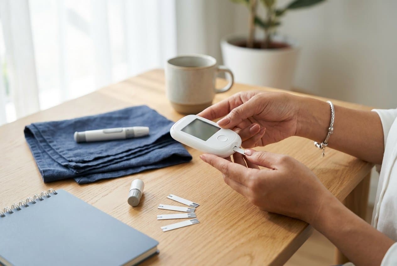 Checking blood sugar at home with a blood glucose meter